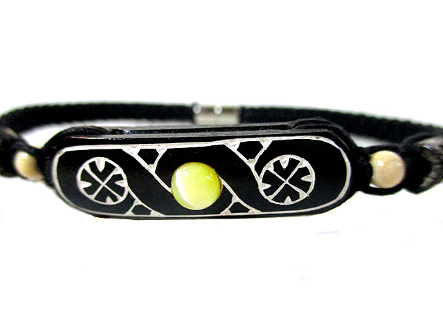 マグネットブレスレットA アイヌ文様 黒 黄珠 [トミヤ郷土民芸]