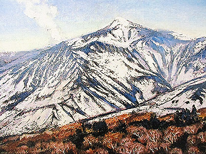 2007年制作 インク画 十勝岳の風景 早春の十勝岳 佐藤喬画、額富治作 [トミヤ郷土民芸]